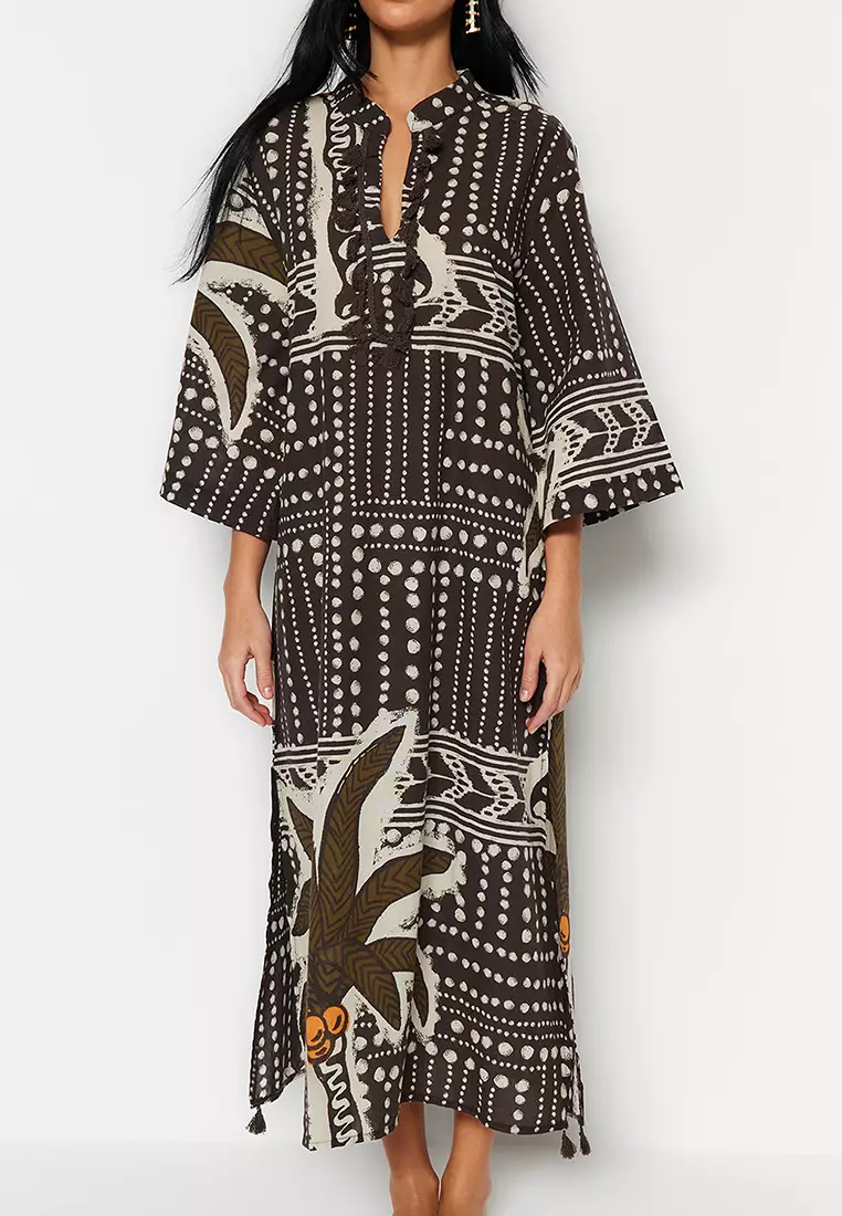 Tropical Printed Tassel Detailed Voile Kaftan