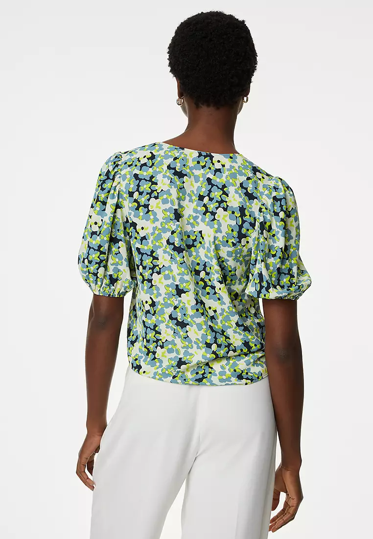 Printed V-Neck Puff Sleeve Blouse