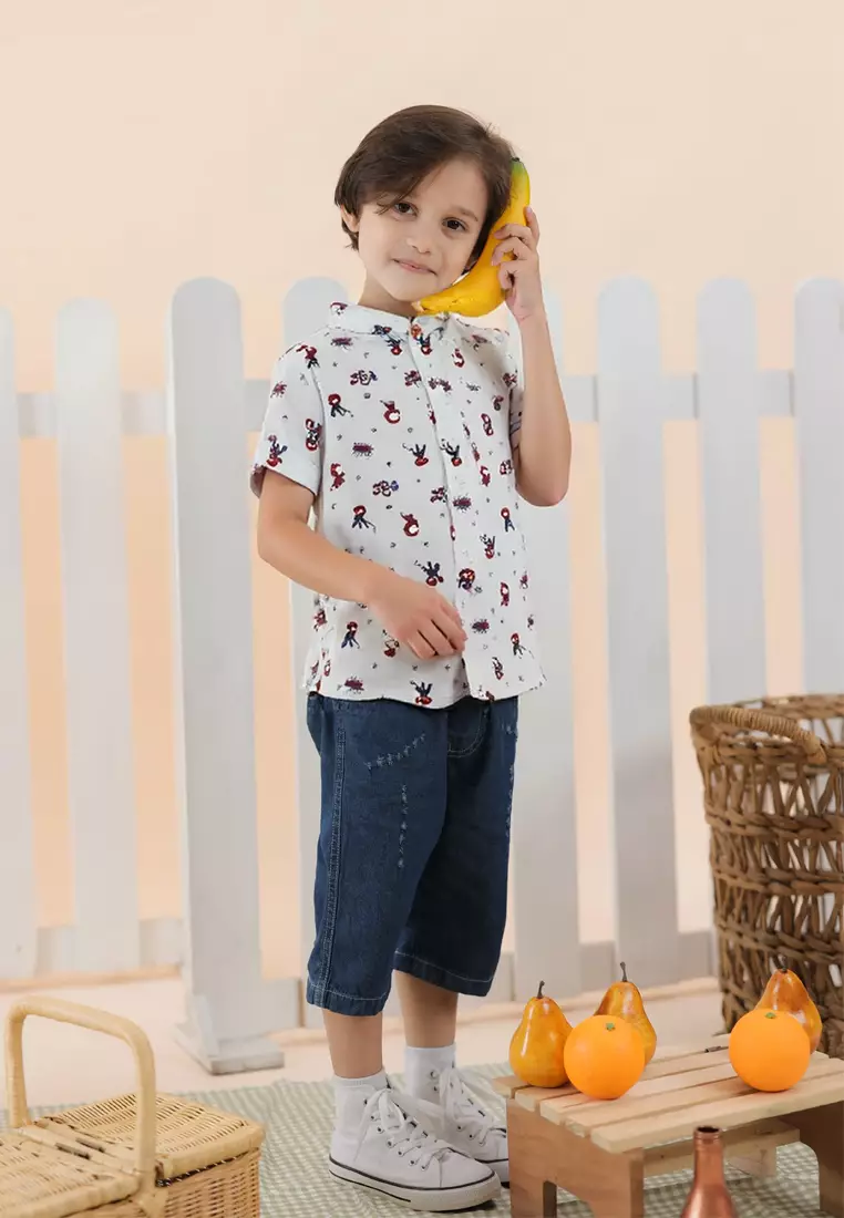 Kemeja Anak Laki Laki Lengan Pendek Katun Kerah Shanghai Mandarin Motif Superhero Collar Shirt 4439 Vensk Abu Muda