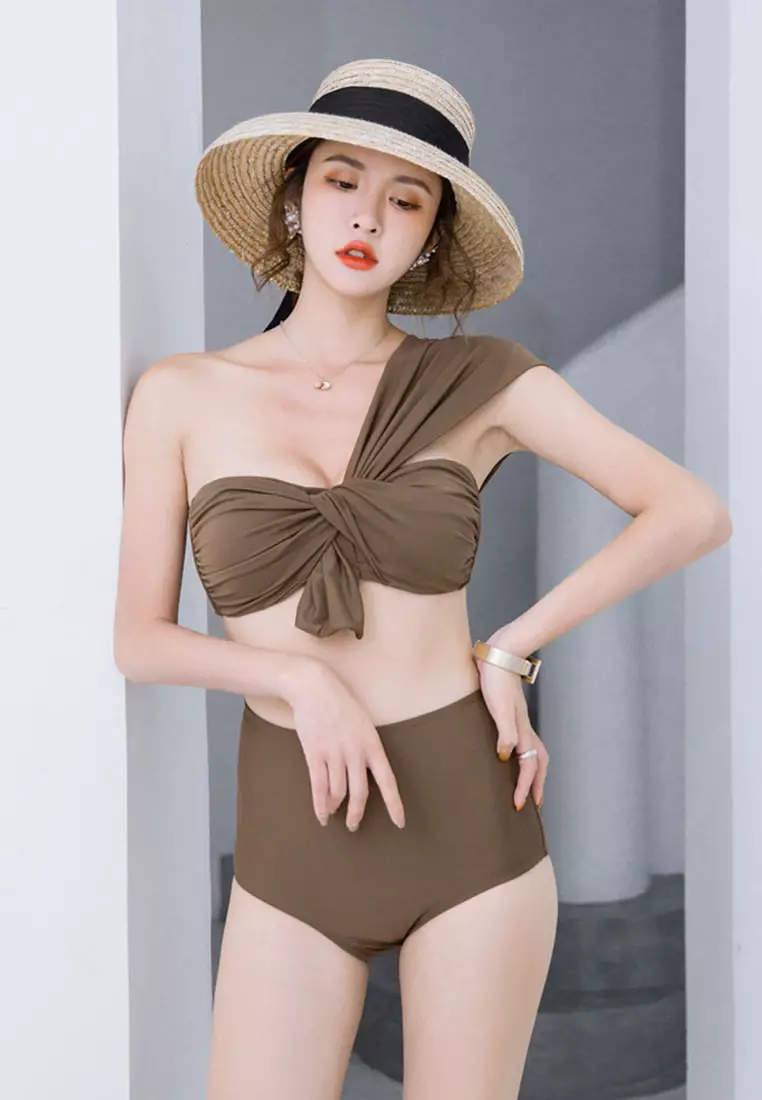 Slant Shoulder Split High Waist Two Piece Swimsuit CA071701BW