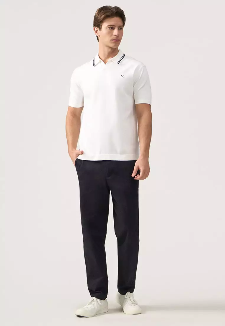 Regular Fit V-Placket Polo Shirt With Contrast Collar & Tipping In Textured Knit