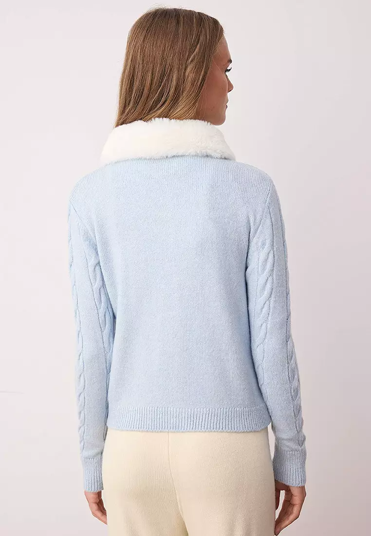 Blue Crop Fur Detailed Fitted/Body Wrap Knitwear Cardigan