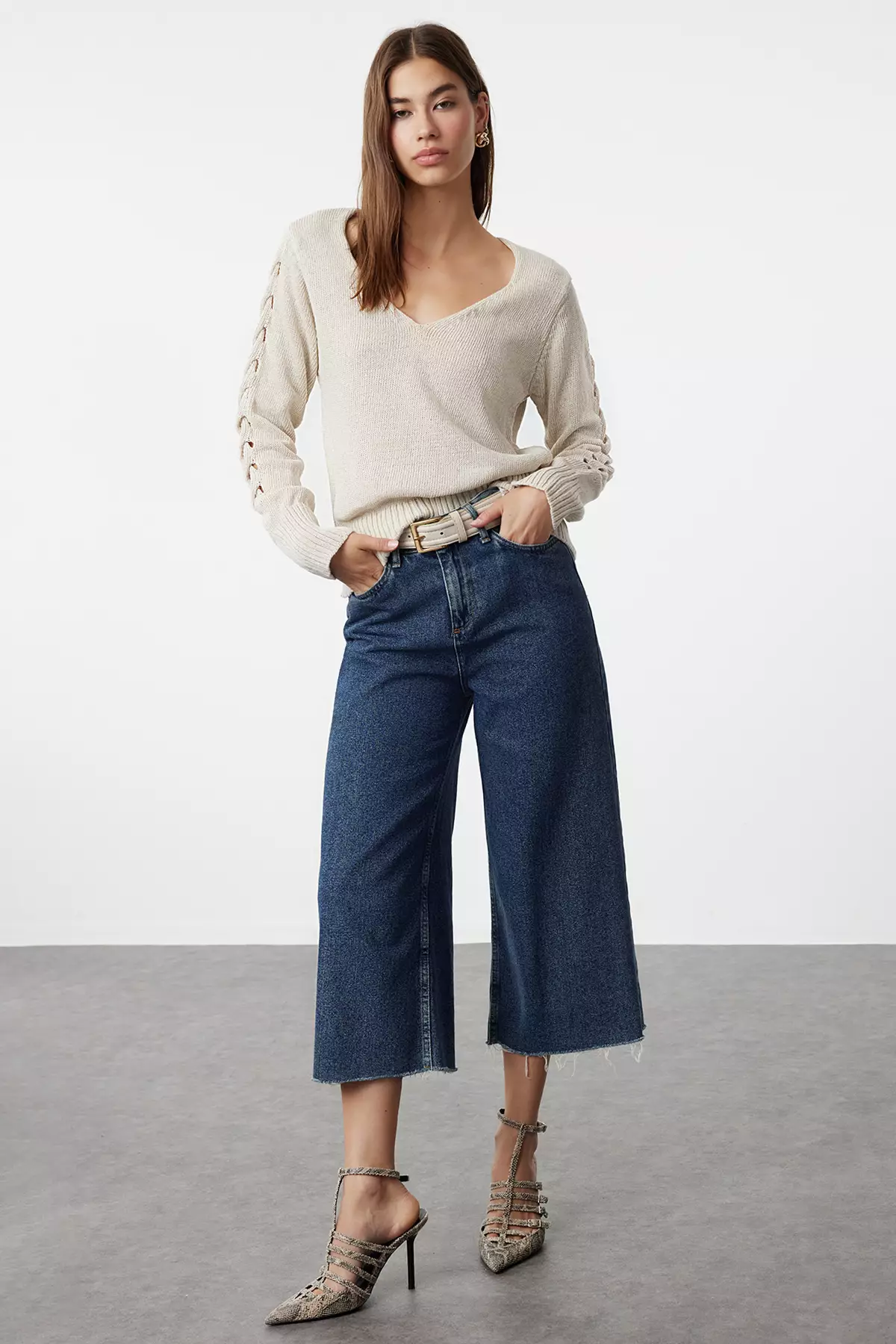 V-Neck Knitwear Sweater with Openwork/Perforations