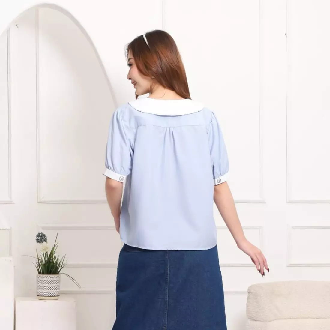 Luvici Short Shirt with Ribbon Button in Light Blue