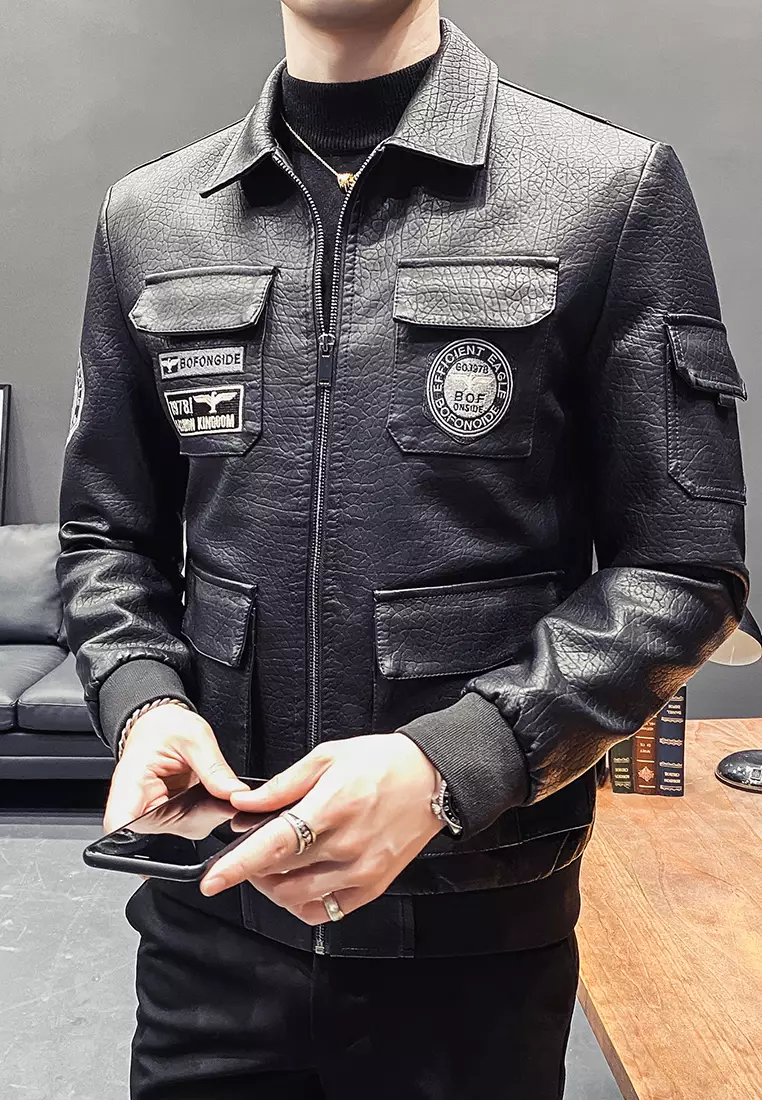 Faux Leather Aviator Embroidered Jacket MJ616