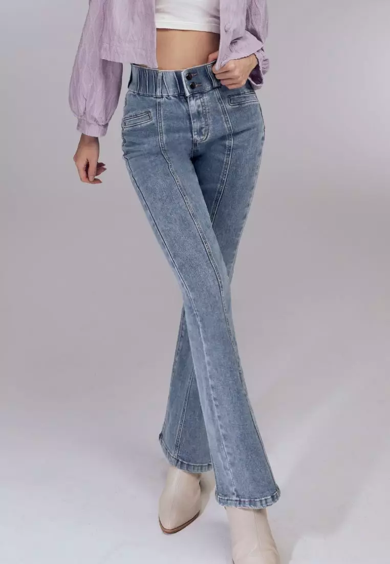 視覺細-5KG．彈力高腰造型口袋喇叭牛仔顯瘦褲《BA7587》