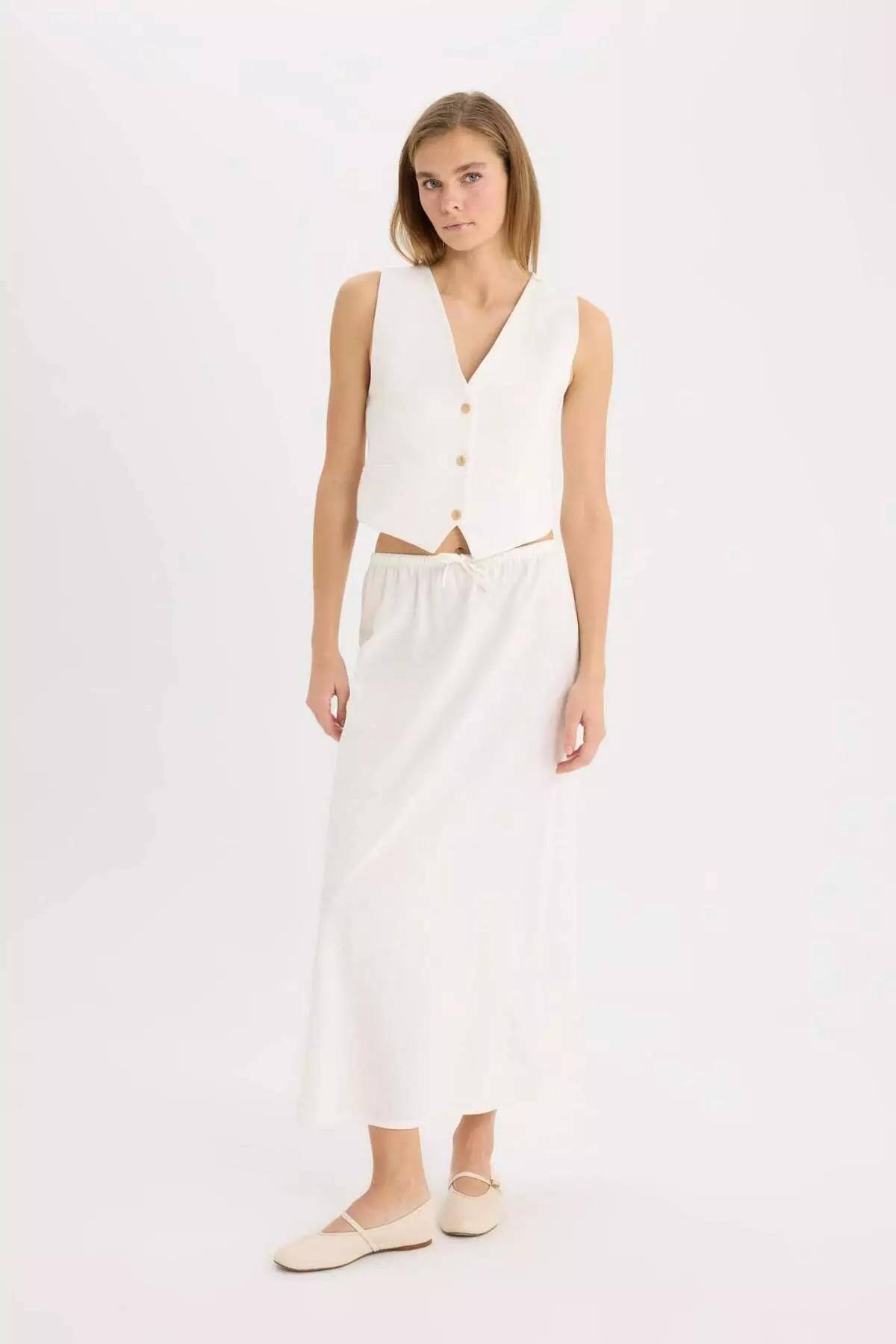 Coool A-Line Regular Waist Linen Blended Maxi White Skirt D8274Ax25Sm