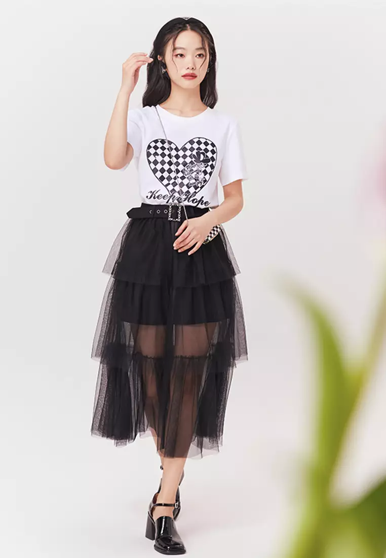 Tiered Tulle Skirt with Waist Belt