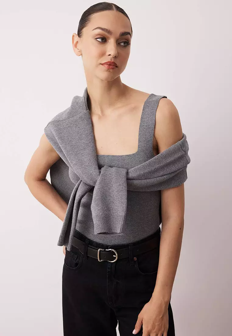 Anthracite 2 Piece Premium Yarn/Special Yarn Crew Neck Basic Knitwear Cardigan Blouse Set