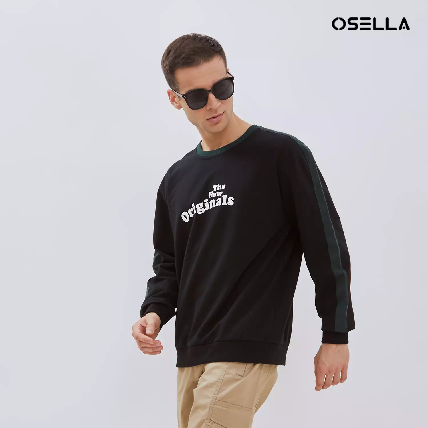 [NEW] Osella Printed Sweatshirt With Dark Green Combination In Black 2011400843 | Sweater Pria Lengan Panjang