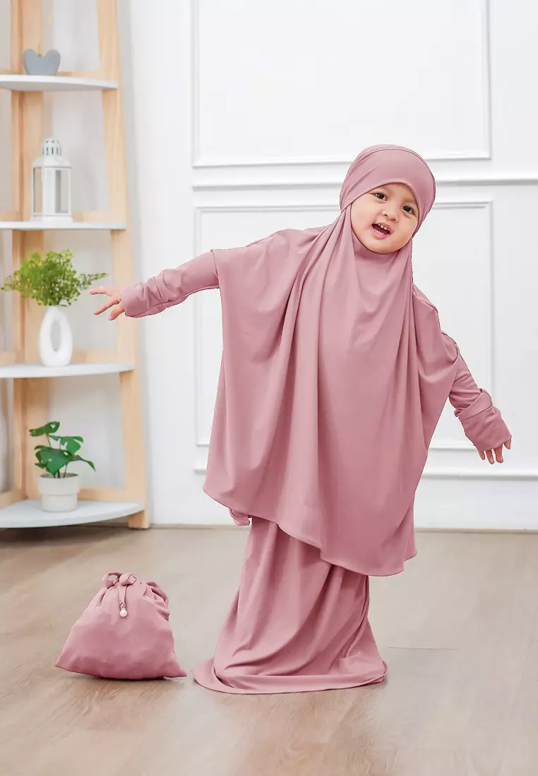 Zelena - Raudhia Prayer Set | Mukena French Khimar Set - Rose Tan - Anak