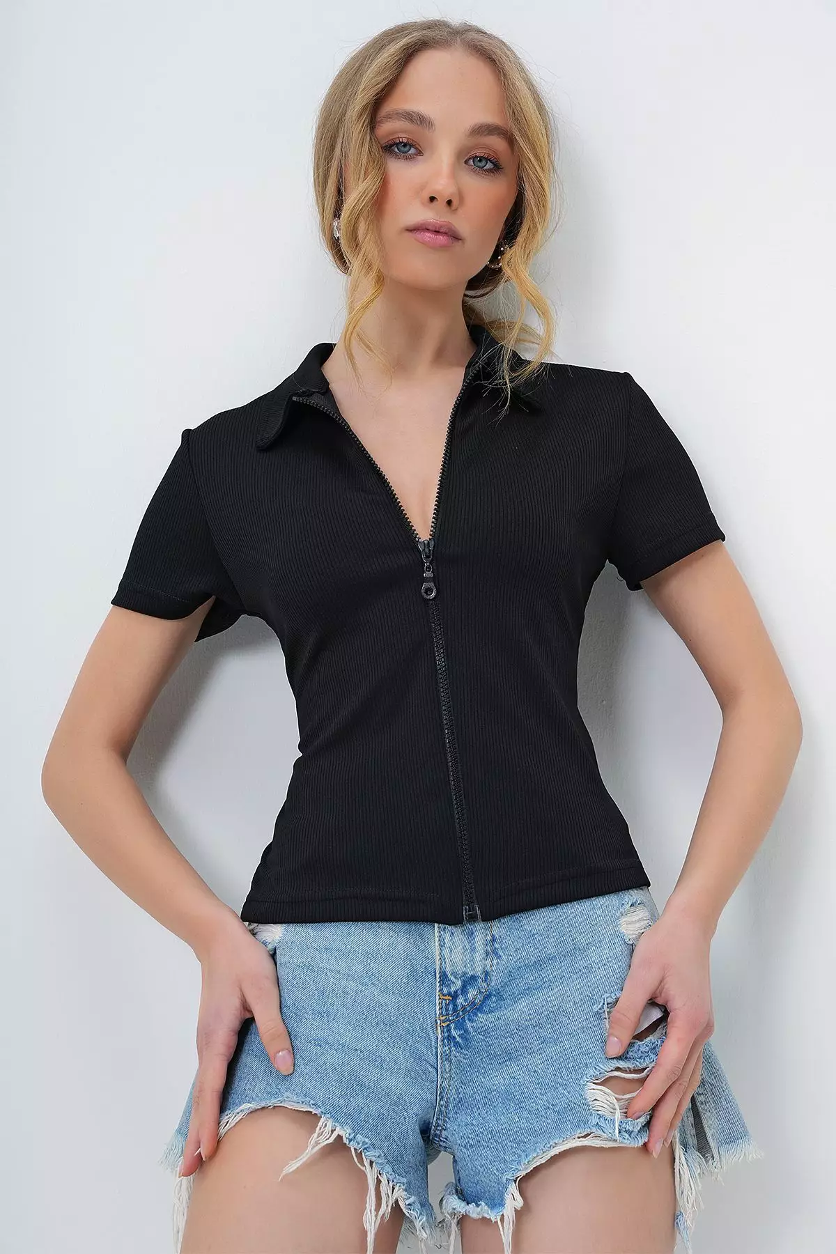 Women's Black Polo Neck Front Zip Short Sleeve Blouse
