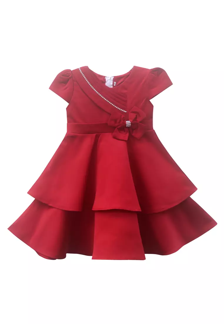 Two Mix Baju Pesta Anak Perempuan Bahan Satin 1-12 tahun Y875 Merah
