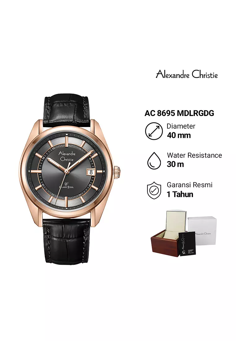 Alexandre Christie Classic Steel - Jam Tangan Analog Pria - Rosegold Case Black Leather Strap - 8695MDLRGDG