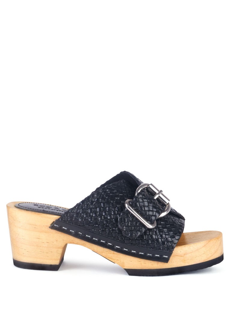 Braided Black Leather Buckled Slide Clogs