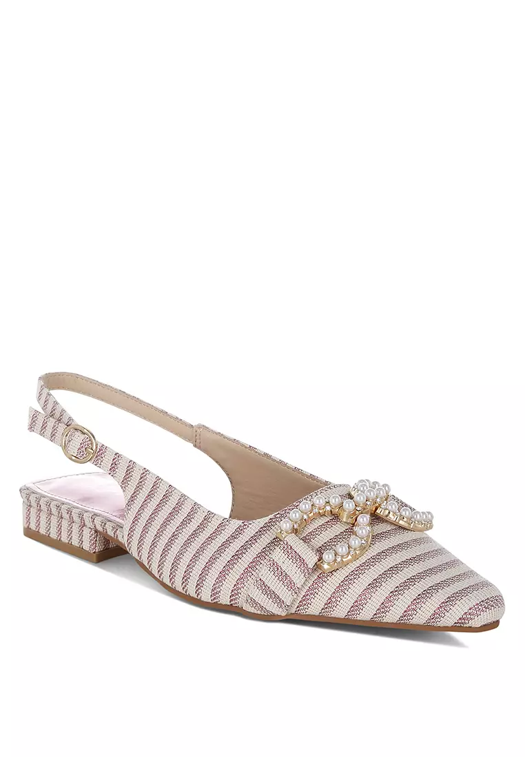 Pearl-Detailed Horsebit Woven Flats In Pink