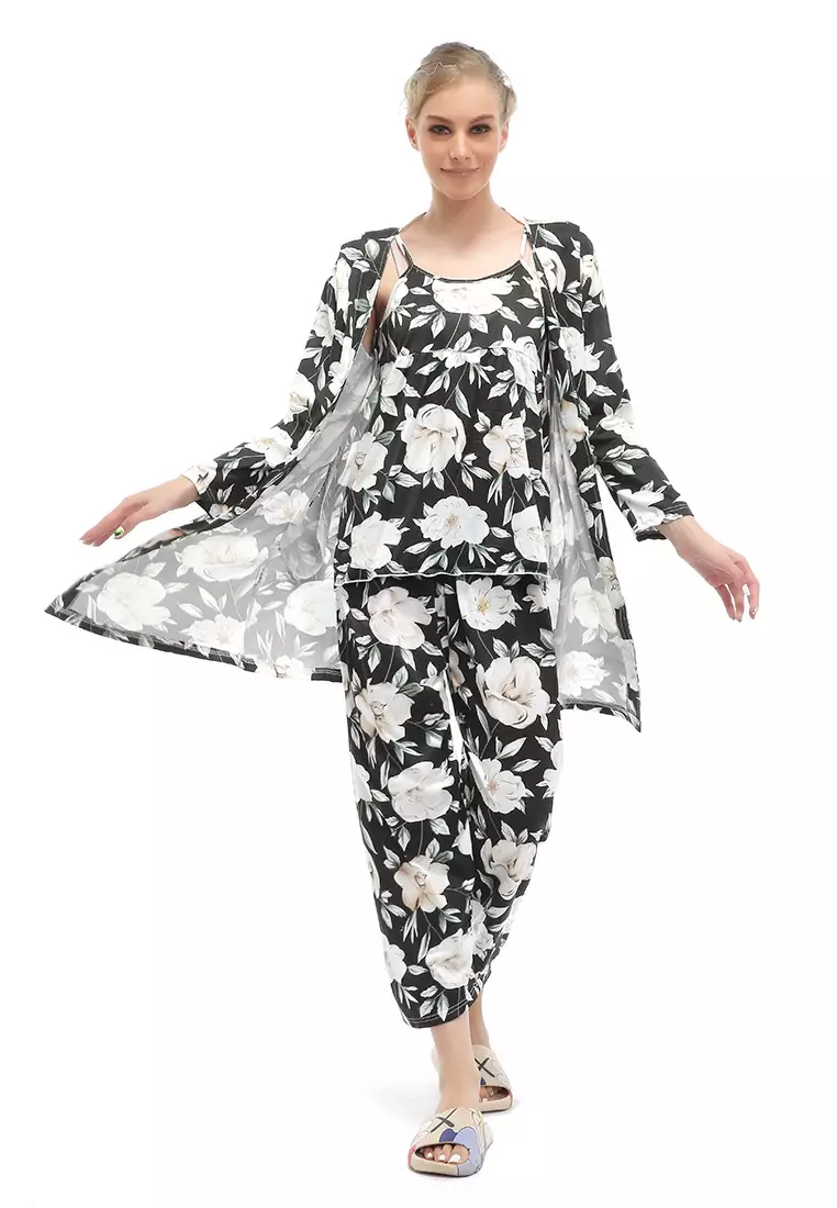 Vance Setelan Piyama Kimono Baju Tidur Wanita 3in1 Motif Bunga Material Cotton ORIGINAL - Black