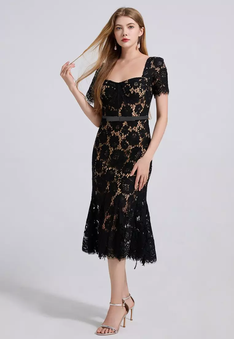 French high-end sexy square neck lace dress CA25070939BK