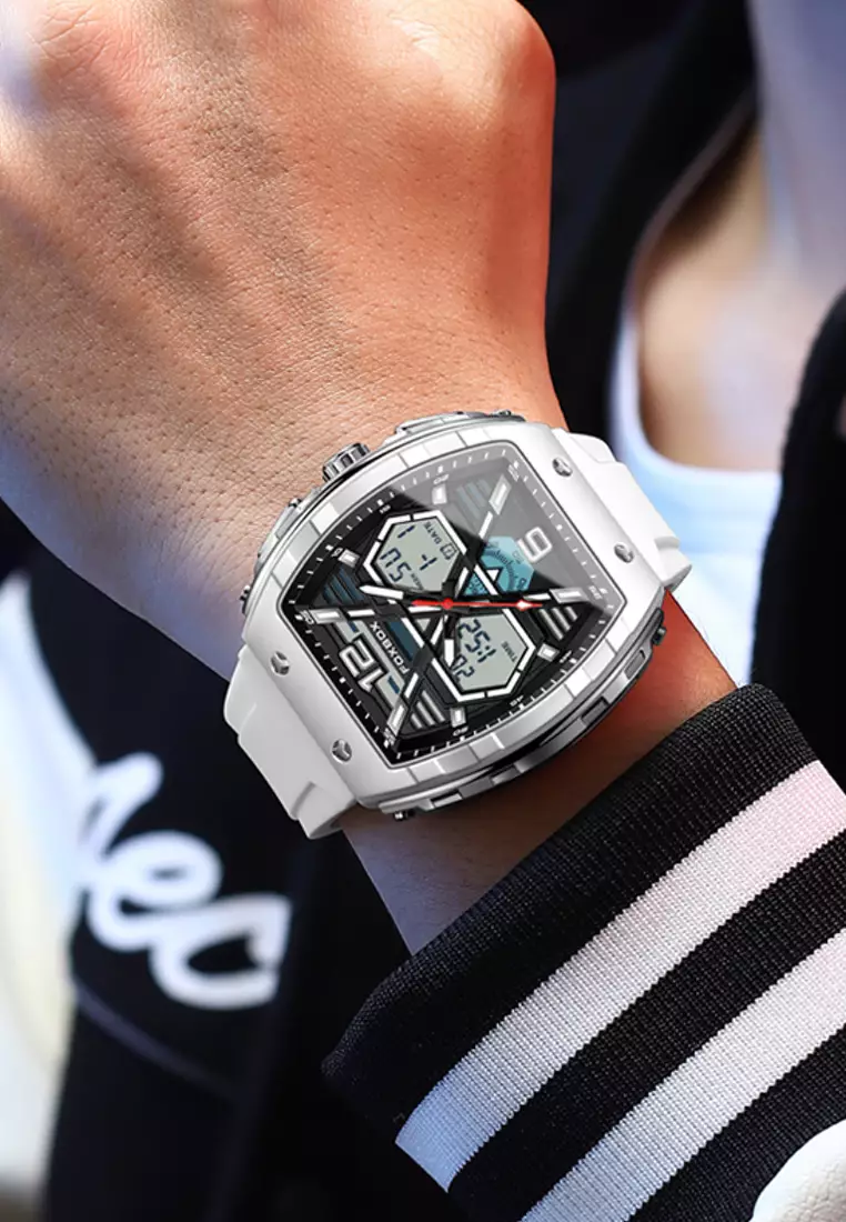 FOXBOX Chronograph Unisex Silver Color Metal Alloy Quartz Watch, 50x48mm, Black Dial, White Rubber Strap