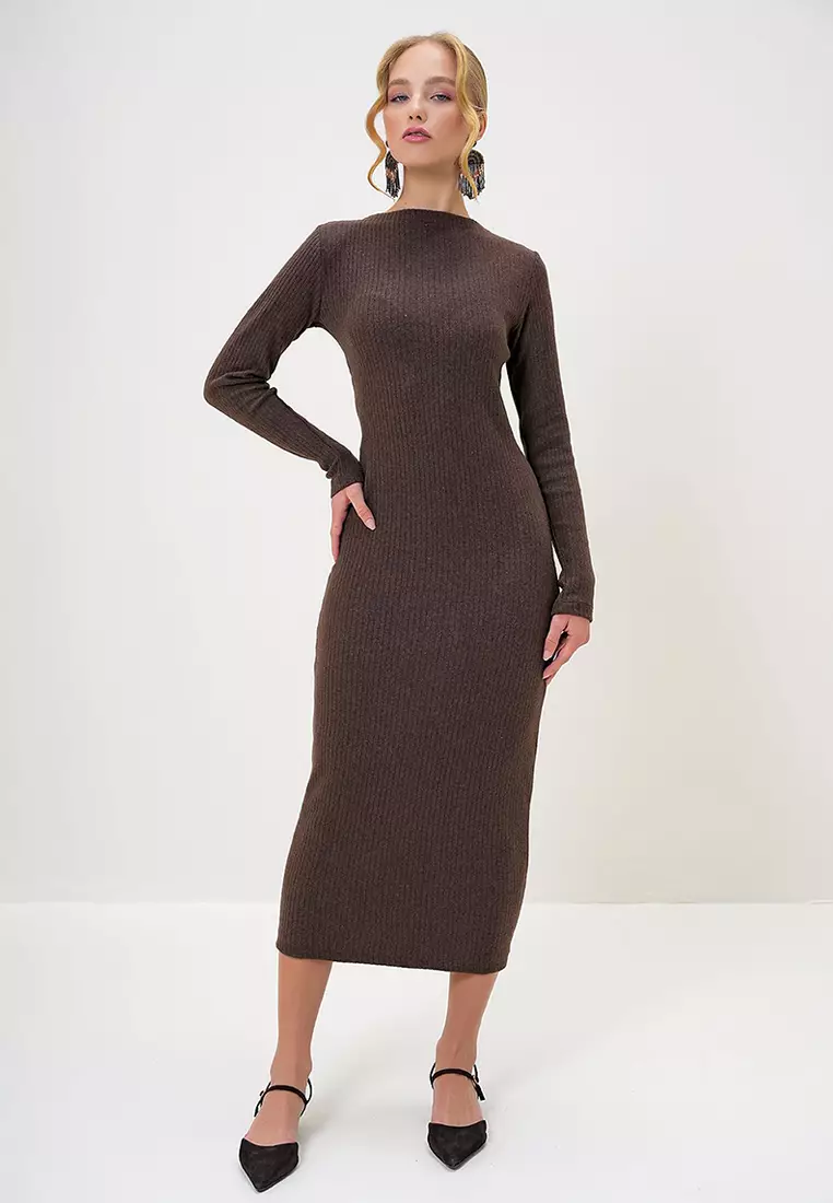Crew Neck Long Sleeve Interlock Fabric Midi Length Dress