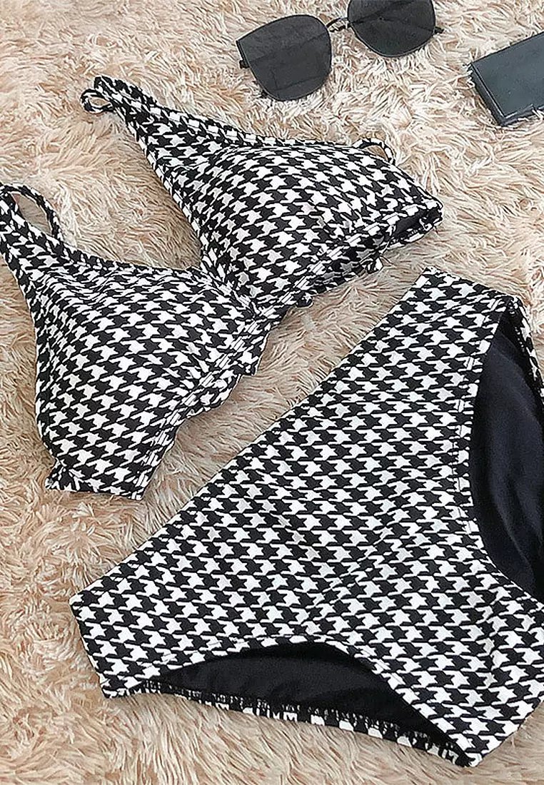 2025 Korean Thousand Bird Checker Cross Strap Swimsuit Sexy Bikini CA24032129MT