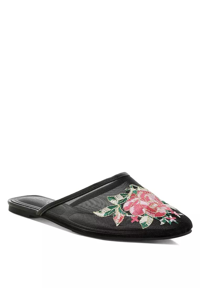 Floral Embroidered Mesh Mules in Black