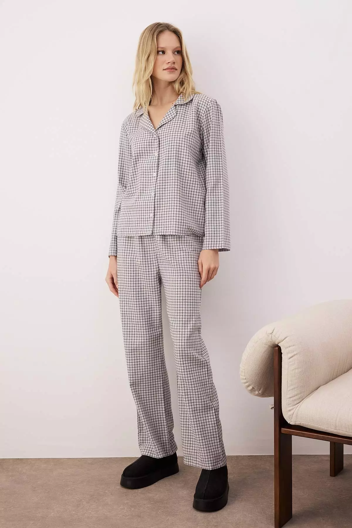 Lilac-Multicolored Cotton Thick/Winter Plaid Flannel Woven Pajama Set Thmaw26Pt196