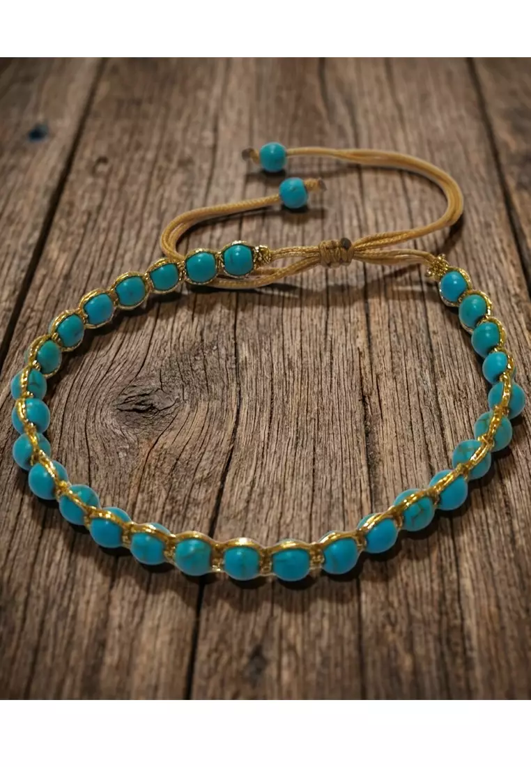 Aksesoris Gelang Wanita Gold Thread Stones Loop Macrame Bracelet Gold &Turquoise