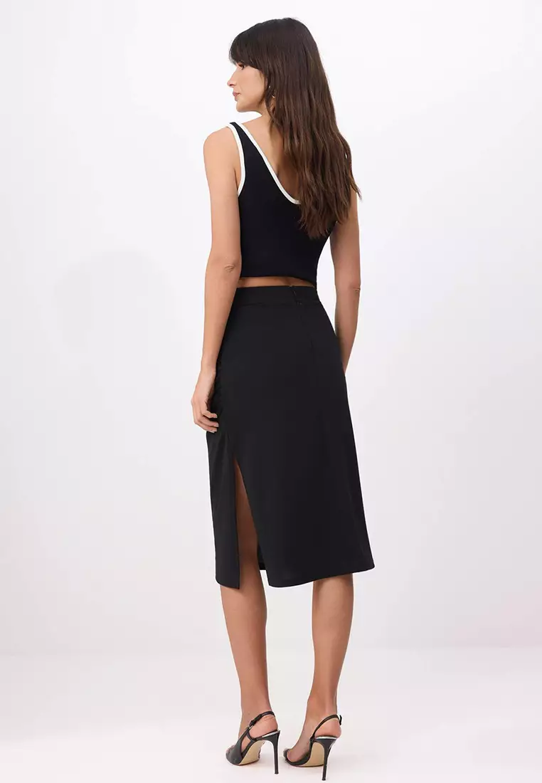 Black Straight Pencil Slit Normal Waist Midi Scuba Crepe Knitted Skirt Twoss26Et15