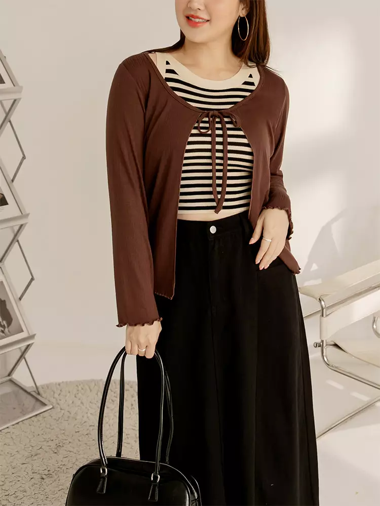 Elastic striped tie-front long-sleeve overlay top [EA3663]