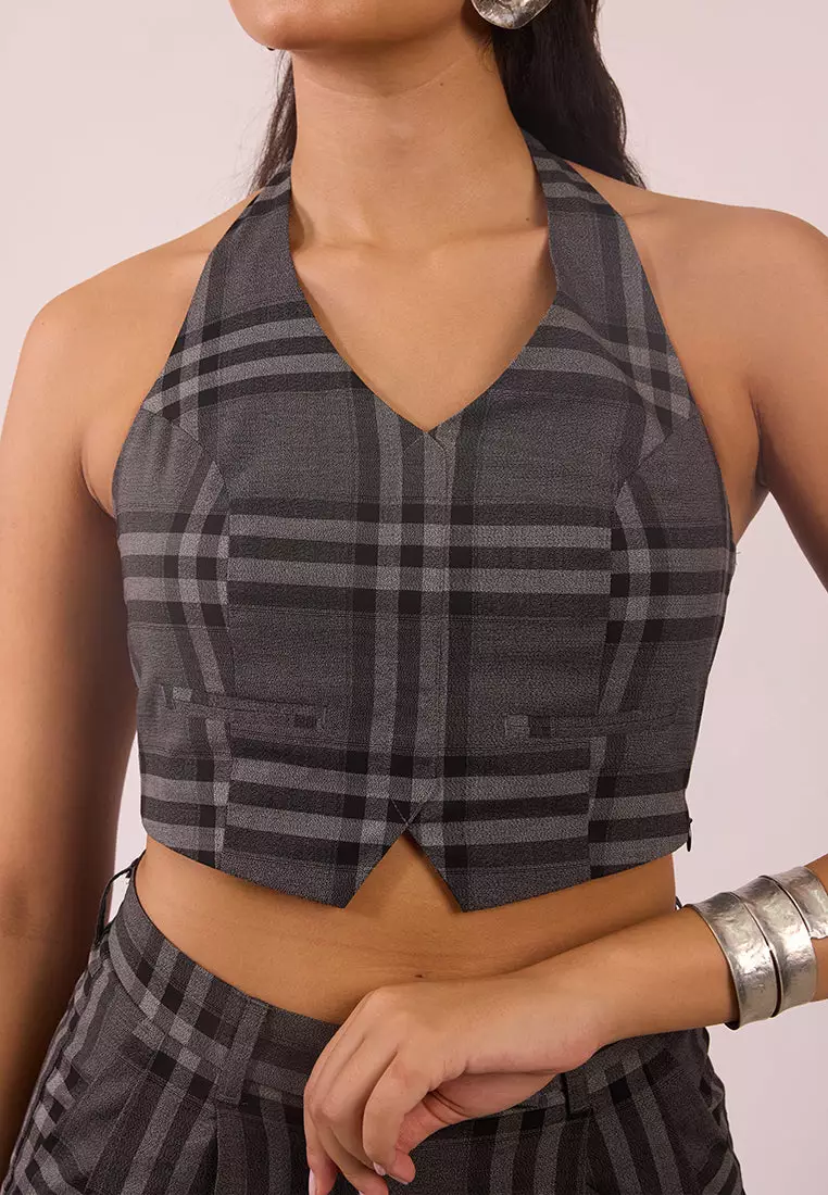 VIRGIO Viscose Stretch Halter Checked Vest