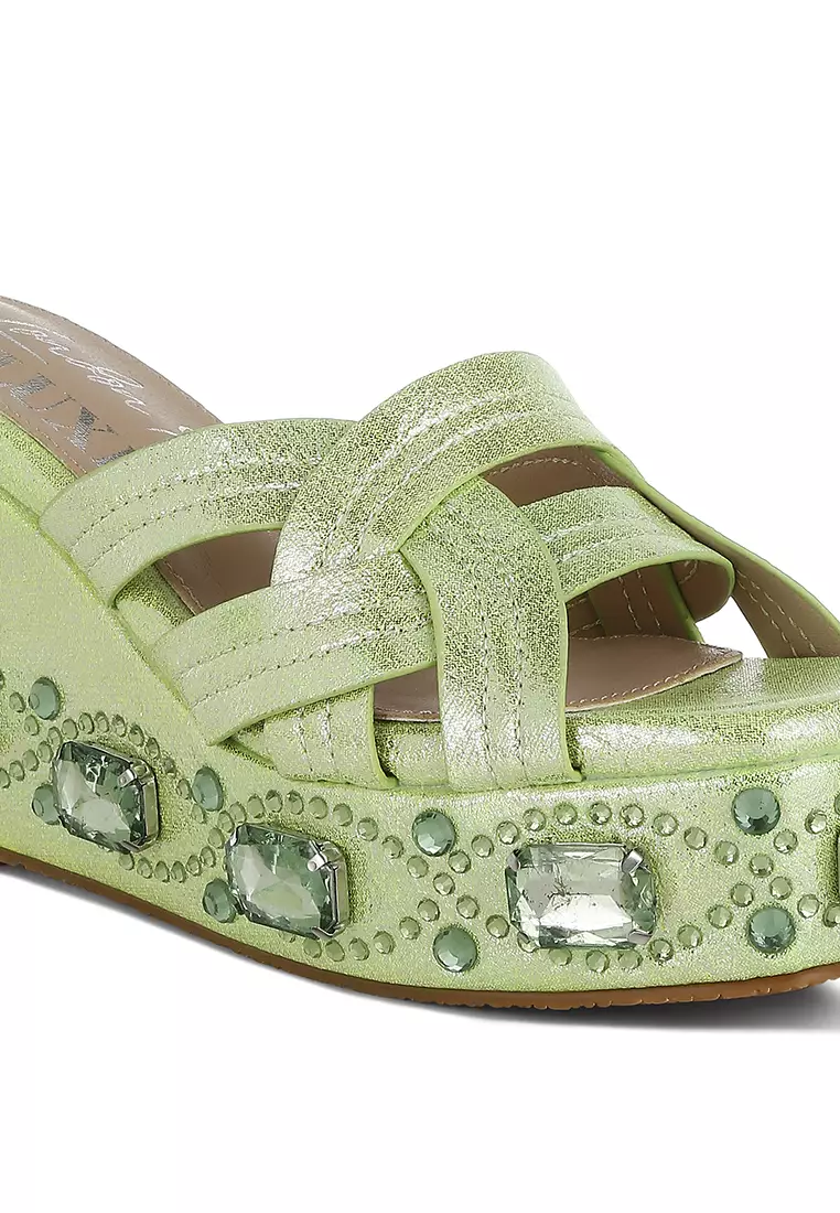 Sandal Potongan Berlian Imitasi & Berlian Imitasi Tebal dalam Warna Hijau Jeruk Nipis