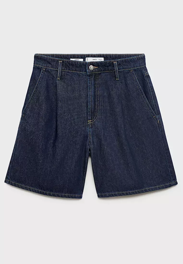 Mid-Rise Denim Bermuda Shorts With Pleats