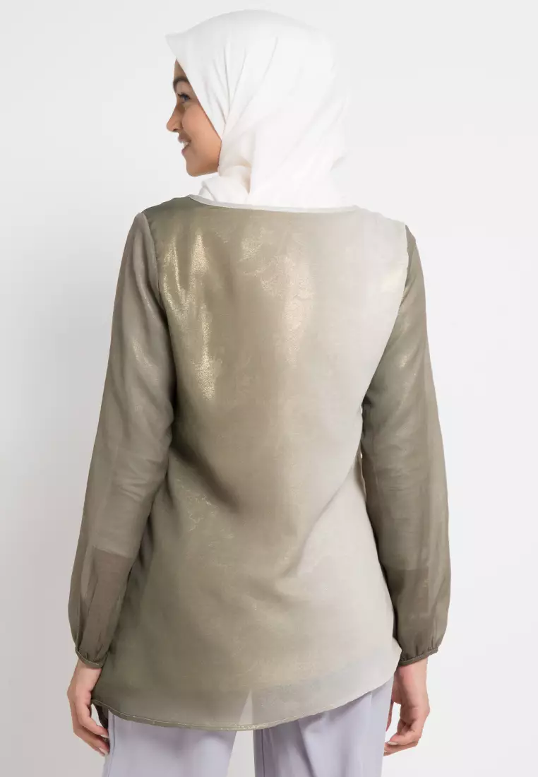 AZZAR Vani Assymetrical Blouse in Grey Green Glitter