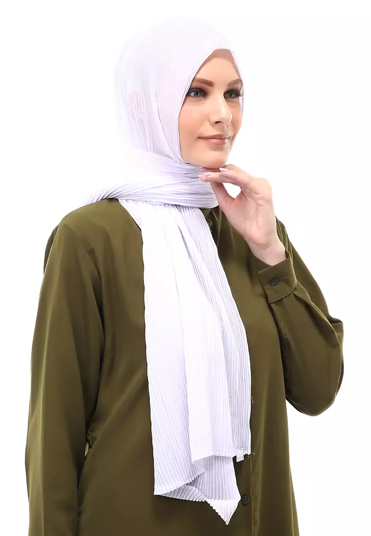 Melissa Pashmina Plisket Garis Hijab Wanita Relaxed Fit - White