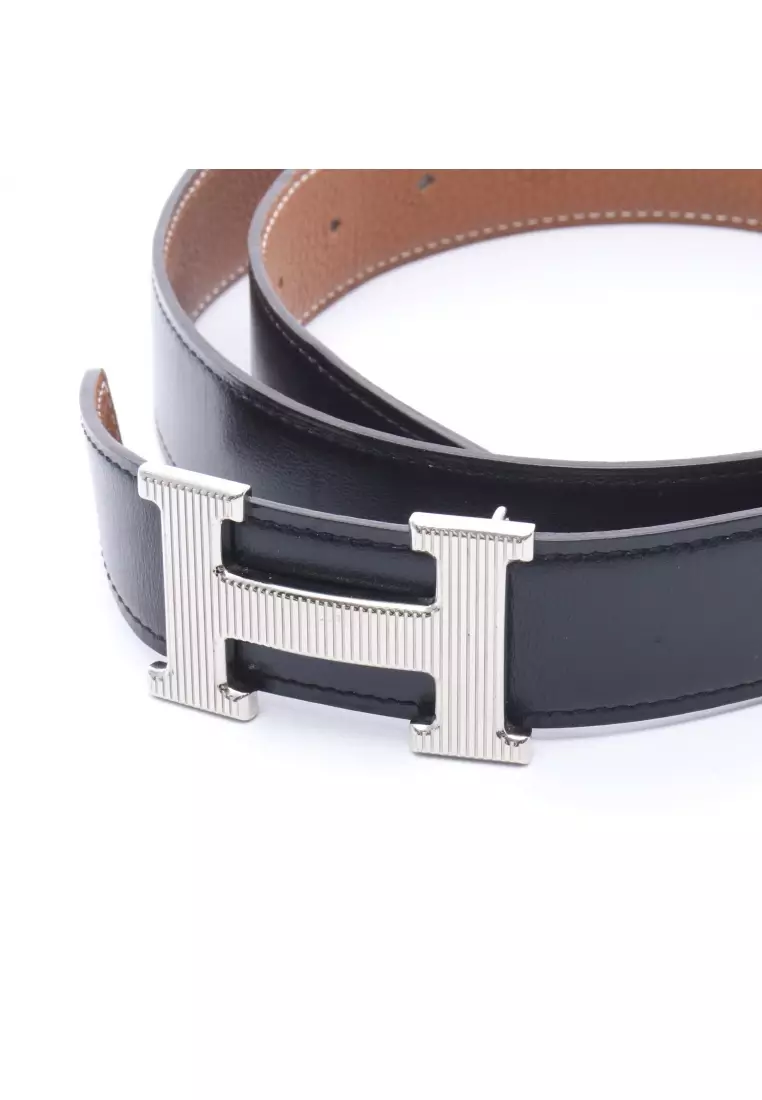 Pre-Loved Hermès HStorie Noir gold reversible belt box calf Togo black light brown silver hardware Z stamp