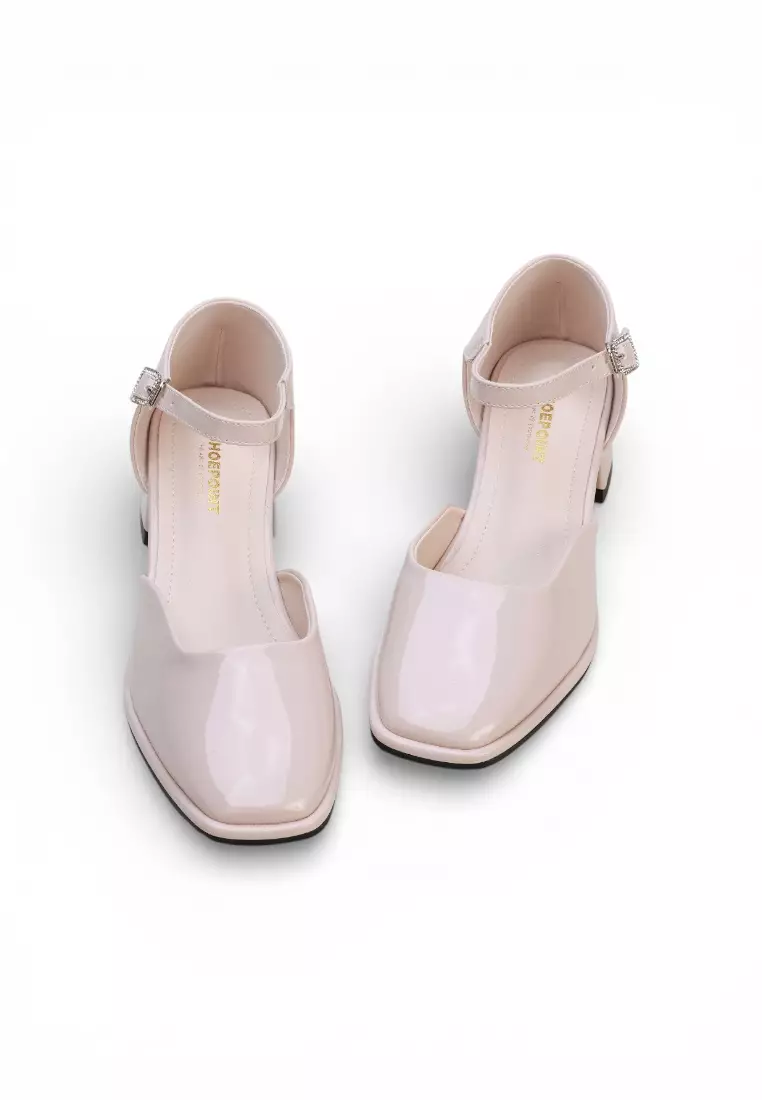 Noir Classic Ankle Strap Heels Women Low Block Patent Office Shoes 16596 in Beige