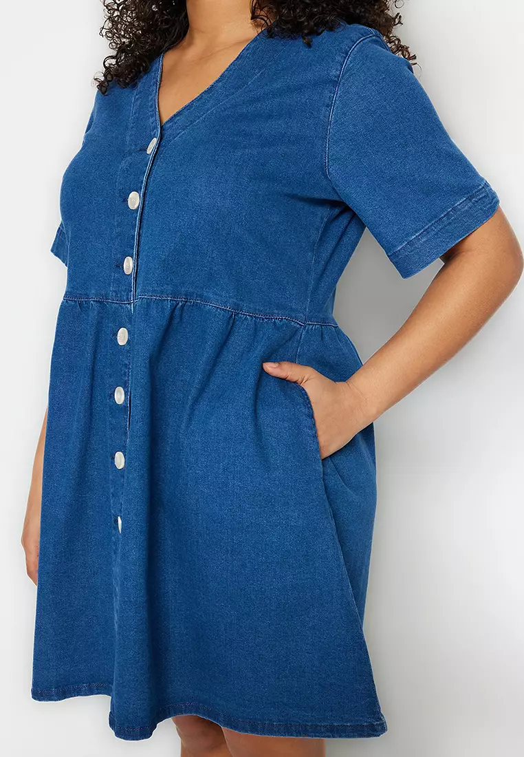 Plus Size V-Neck Denim Mini Dress