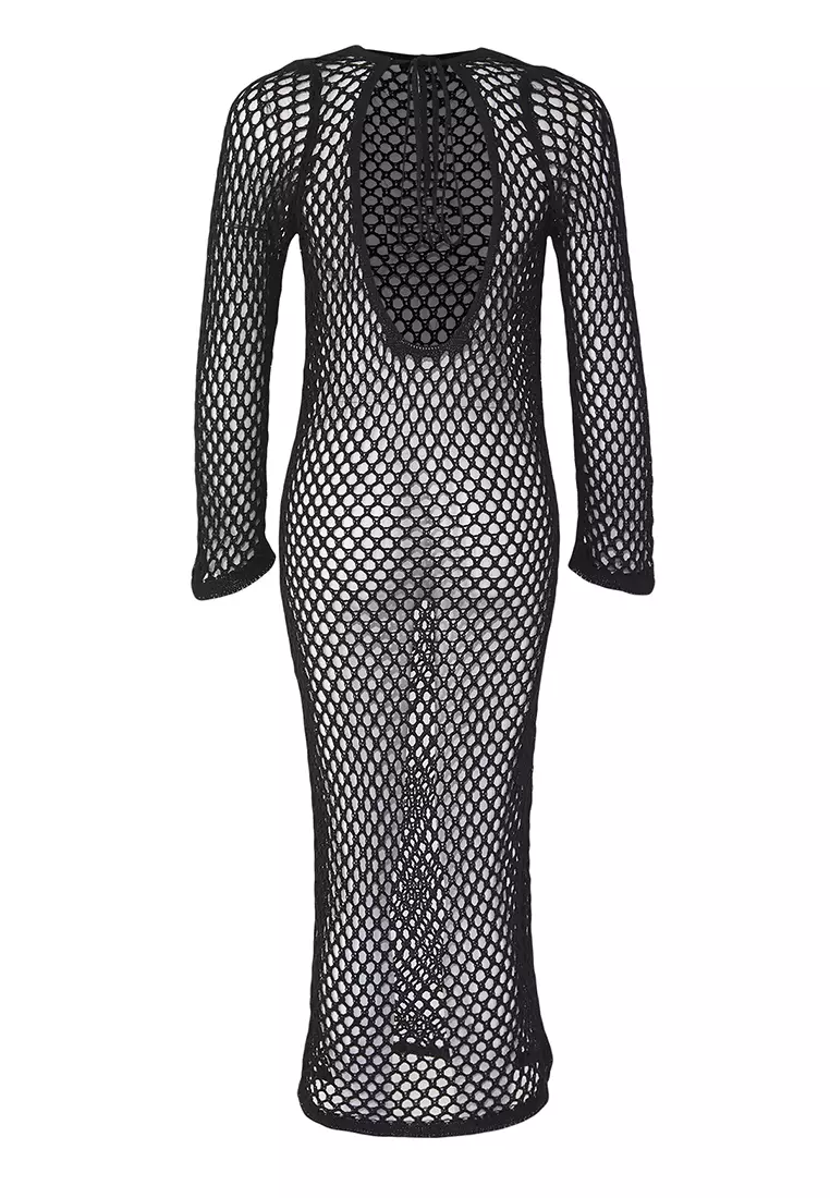 Black Fitted Midi Knitwear Beach Dress Tbess25El00124