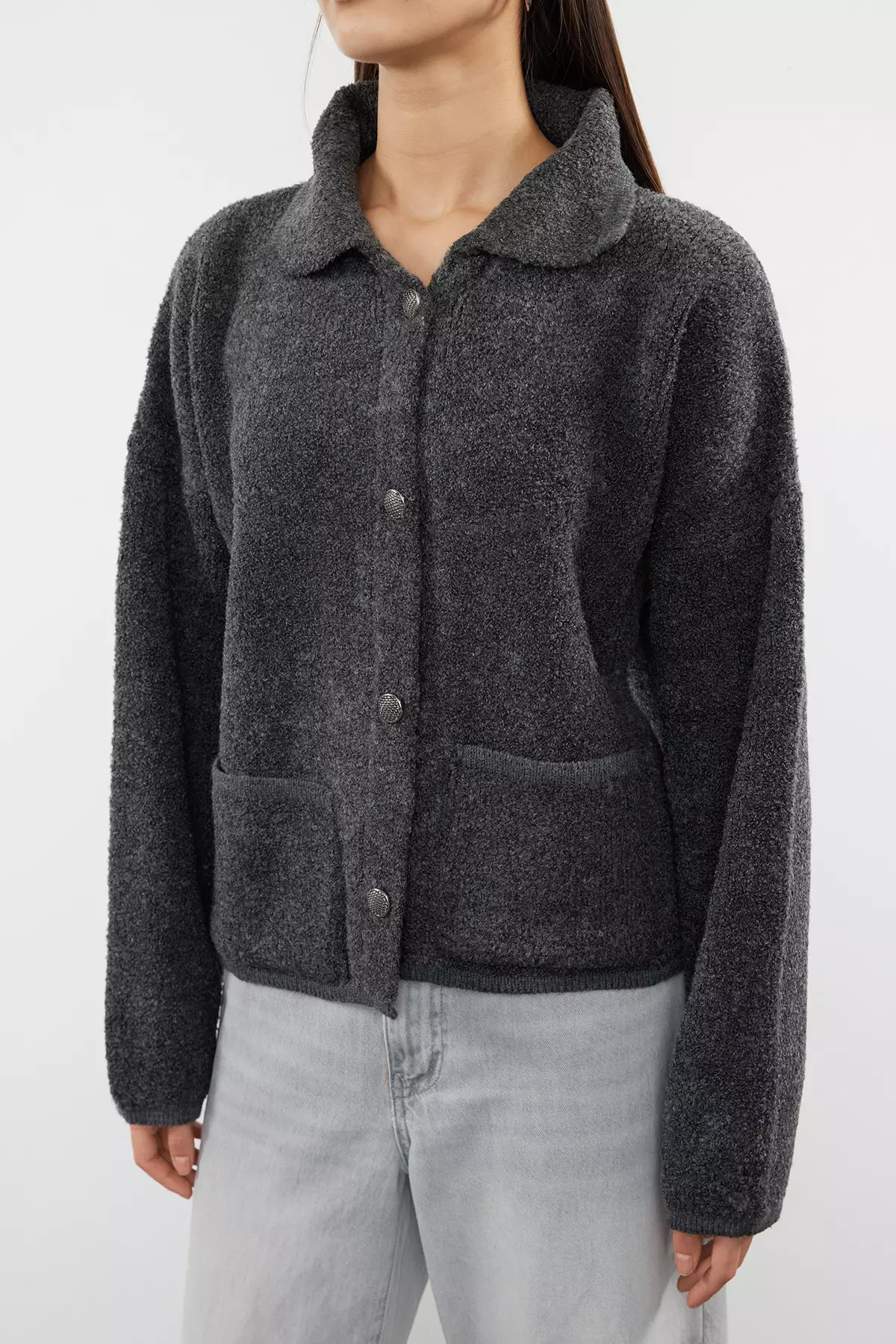 Polo Collar Boucle Knitwear Cardigan Anthracite Super Wide Fit