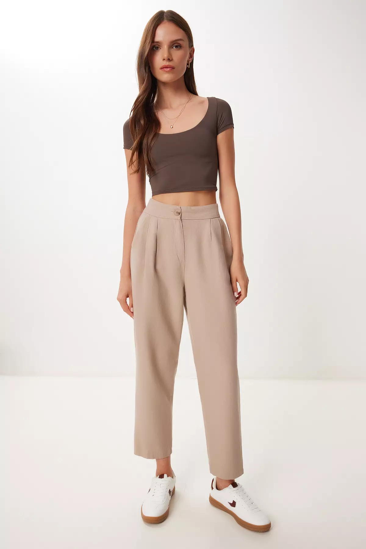 Women's Beige Pocket Linen Shalwar Trousers Bv00164