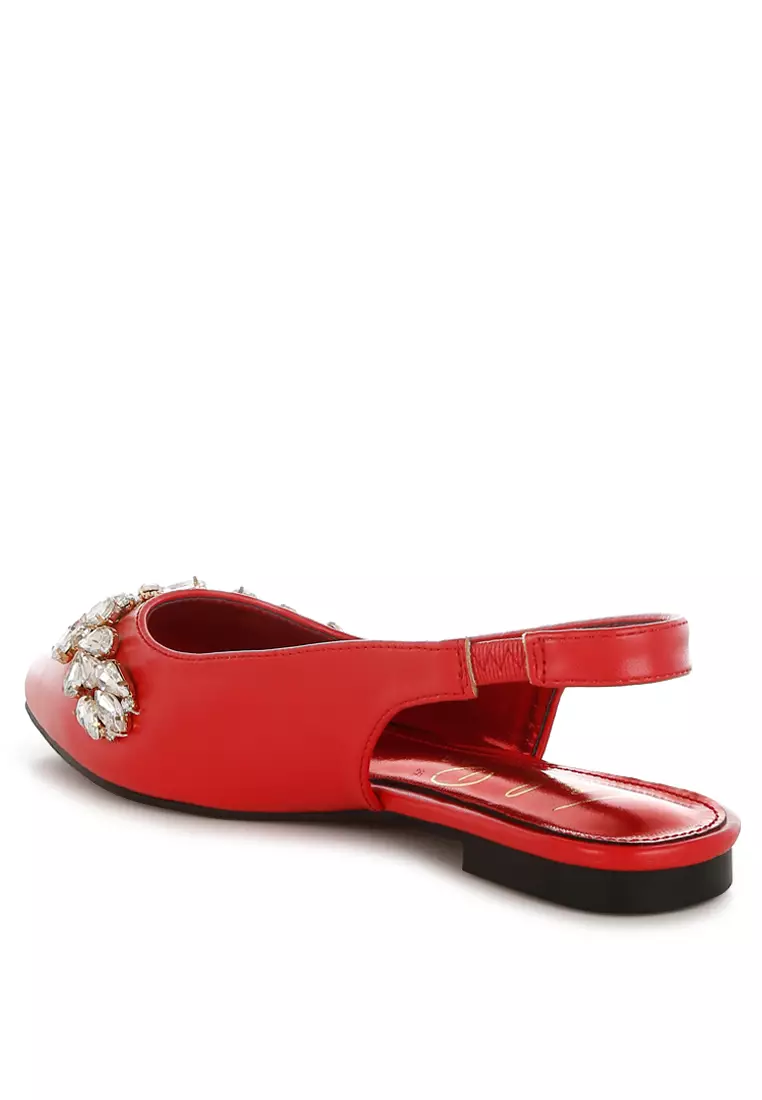 Sandal Datar Berhias Berlian Imitasi Warna Merah