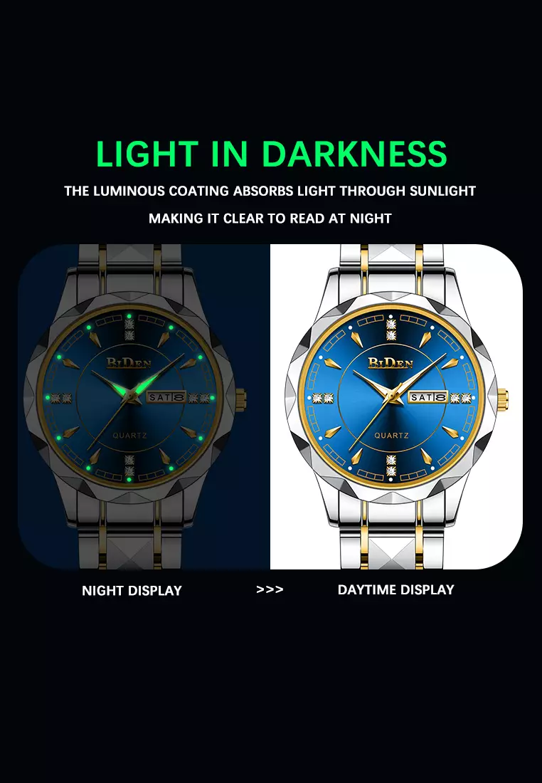 Jam Tangan Pria Anti Air Original Cowok Kalender Bercahaya Analog Luminous Stainless Steel Men Watch Biru