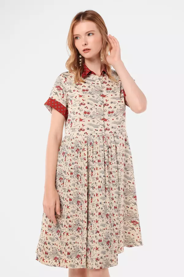 MINIMAL - Eriana - Dress Lipit Motif Gringsing - Red Warna Red