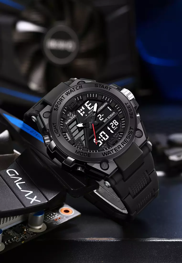 Jam Tangan Pria Analog&Digital Multifungsi Tali Silikon Anti Air Jam Tangan Cowok Allblack