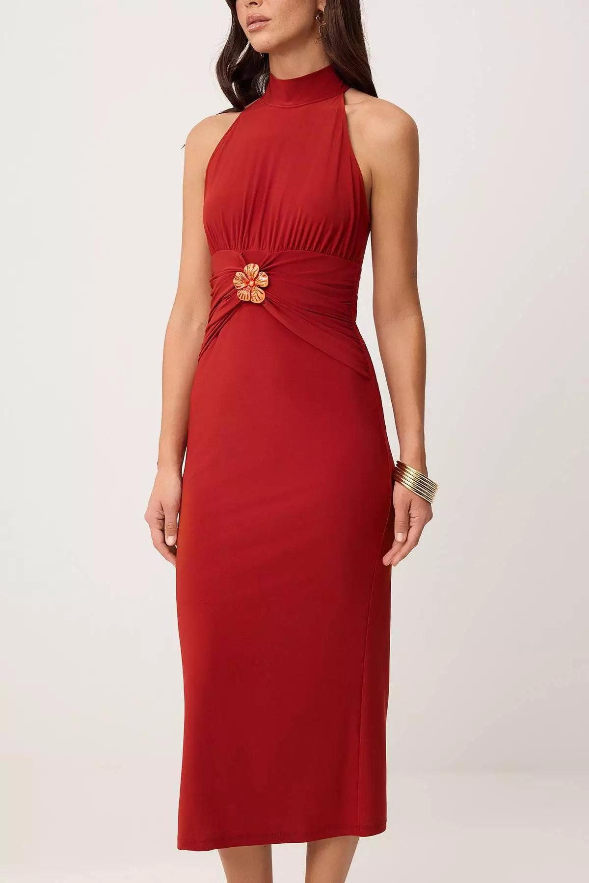 Tile Bodycon Halter Collar Sleeveless Accessory Detailed Midi Stretchy Knitted Dress Twoss26El267