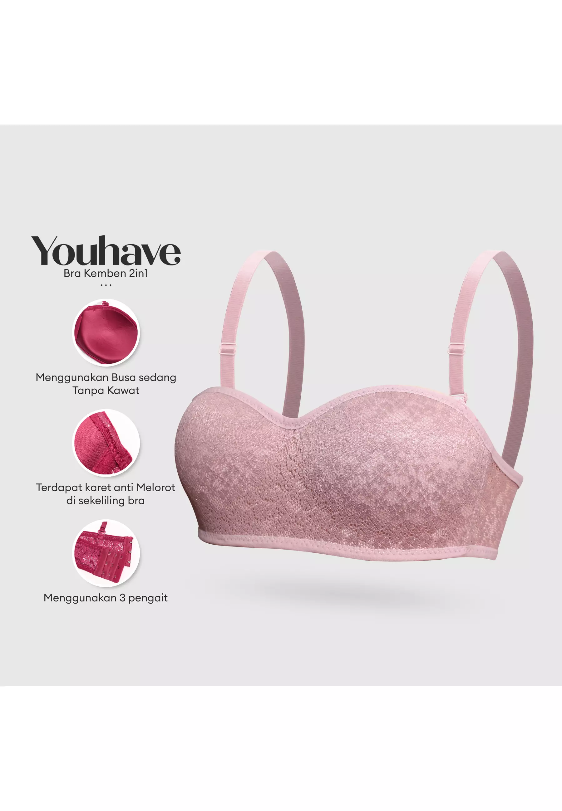 You've ( YouHave ) BH Bra Brukat Kemben Anti Slip Bra Bh Lem Silikon Silicone Sport Be Ha Balconette Bra Wanita Tanpa Kawat Busa Sedang 3 Kait 100224