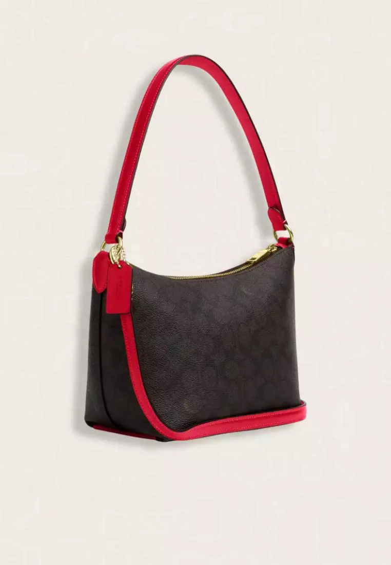 Coach Zip Top Shoulder Bag In Signature Canvas Walnut Bold Red