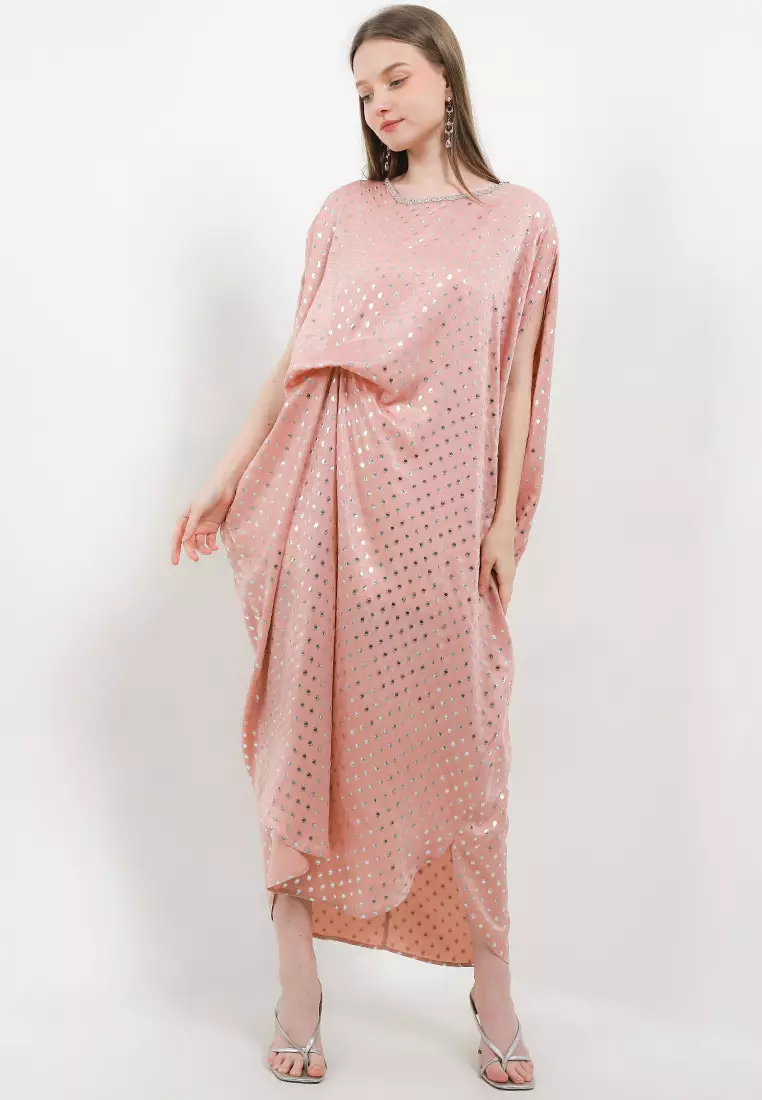 Silver Print Ruched Kaftan W/ Plastic Diamond Around Neckline