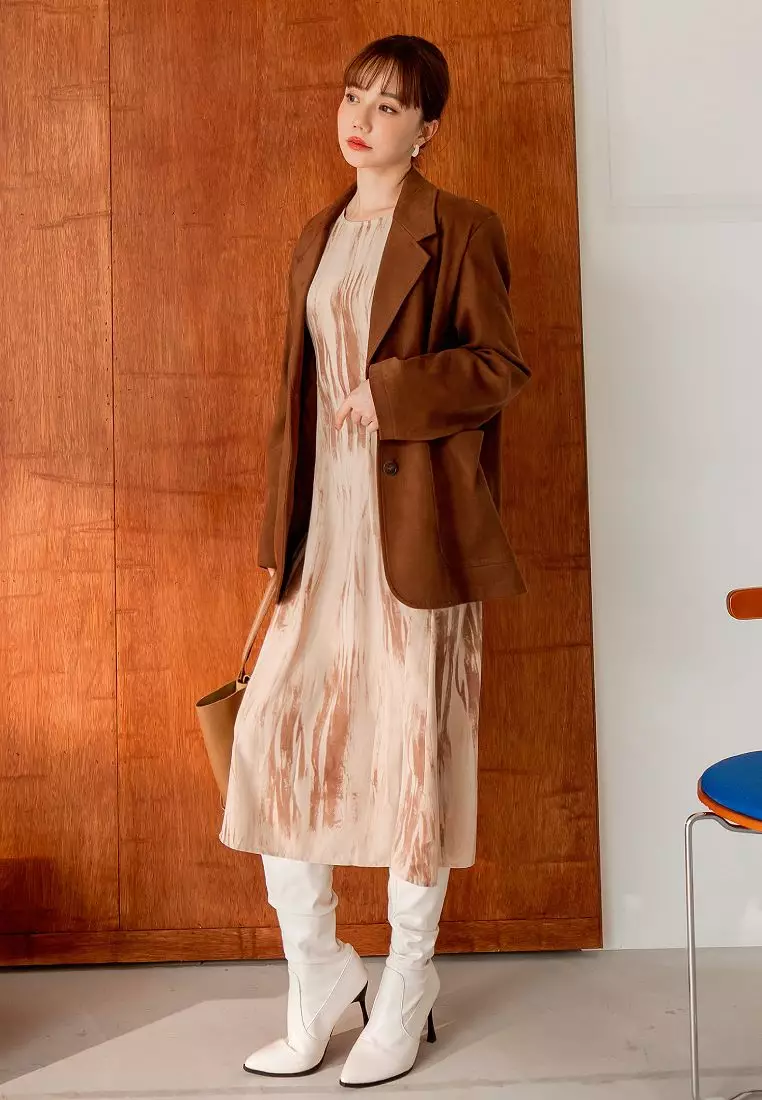 不易皺筆刷印花收腰綁帶長洋裝《DA9424》